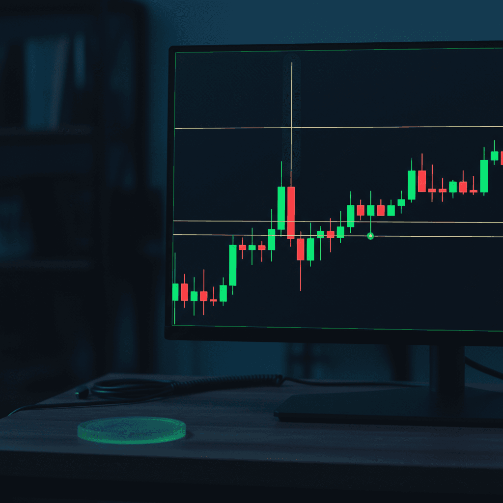 Price chart with candlestick patterns, support and resistance levels marked on a trading monitor