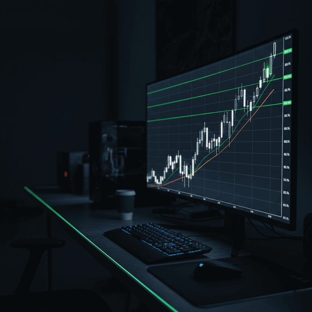Fibonacci retracement levels drawn on an uptrend chart, showing horizontal support lines at 23.6%, 38.2%, 50%, 61.8%, and