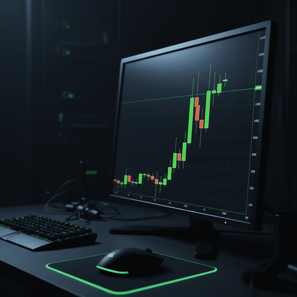 Bright-green intraday candlestick on a dark trading monitor showing a morning range breakout setup