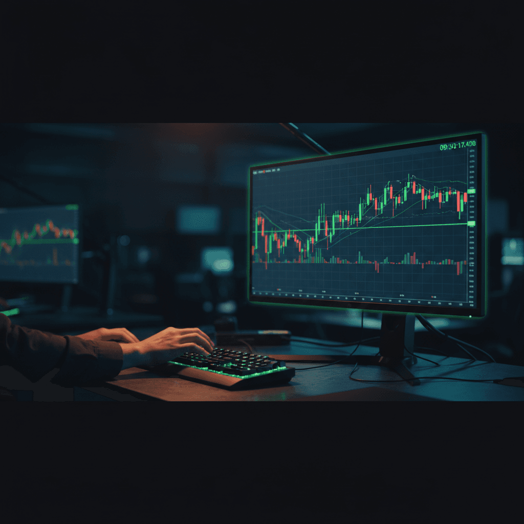 Fast-moving intraday price chart on a trading monitor with tight candlesticks and a trader's hand positioned at the keyboard