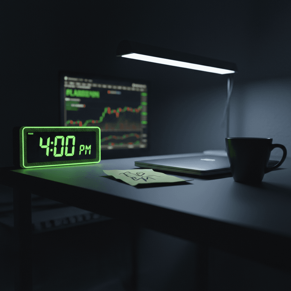Trading desk at market close with digital clock showing 4:00 PM and closed laptop, symbolizing the end of a day trading
