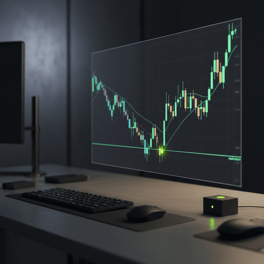 Price chart showing a downtrend reversing at a support level, with rejection wick and uptrend resuming