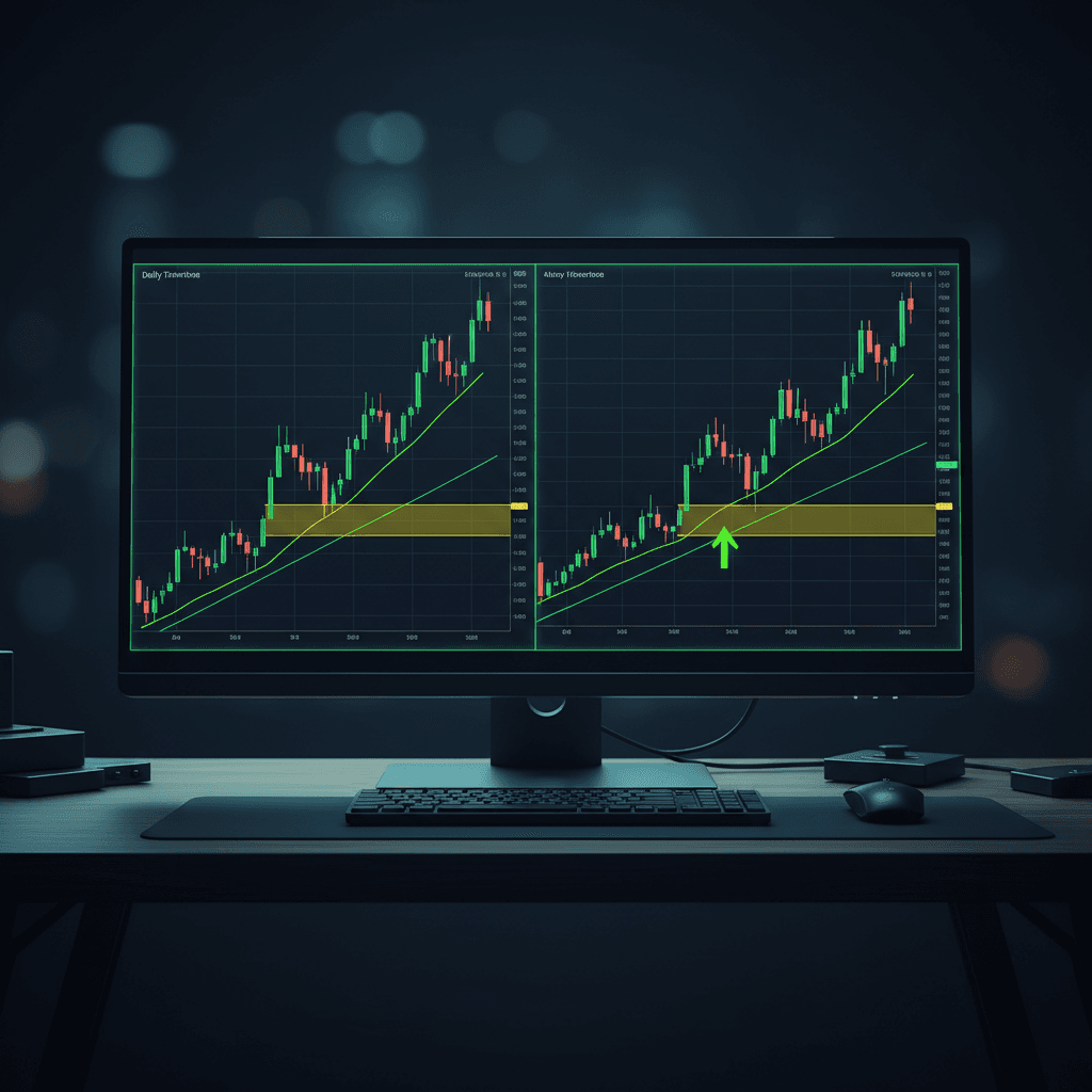 Daily and four-hour trading charts showing an uptrend pullback setup with entry confirmation point