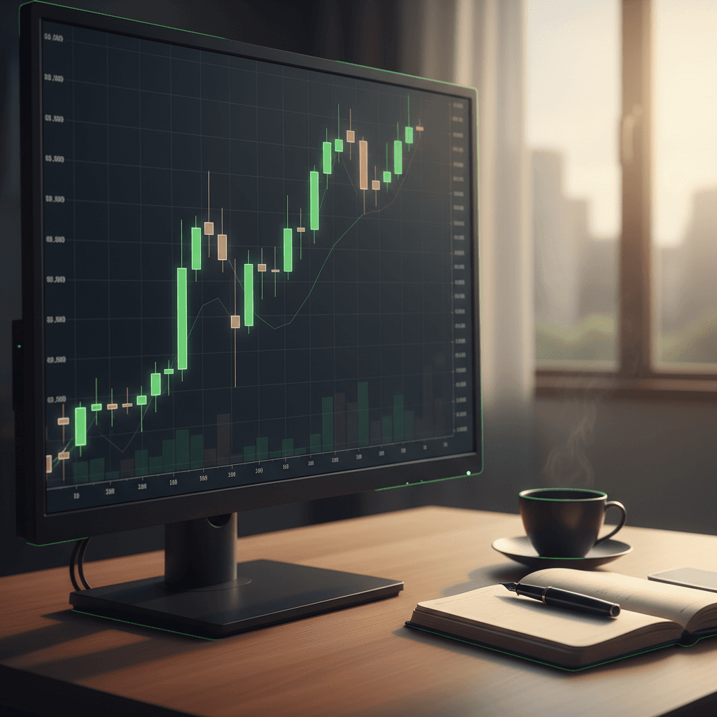 Trading terminal displaying an active candlestick chart beside a beginner trader's desk setup with notebook and coffee